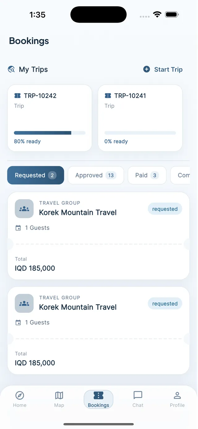 Tripal bookings and trips screen